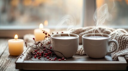 autumn scene centered around two steaming cups of coffee on a rustic wooden tray. 