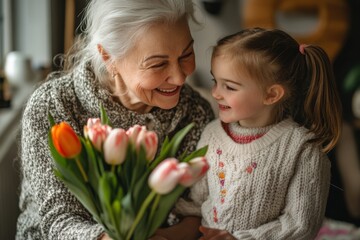 Giving Flowers. Family Celebration: Mother, Daughter, Granddaughter and Grandmother Happy on Mother's Day