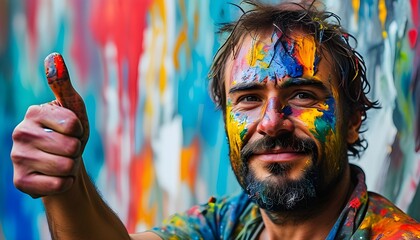 Wall Mural - Creative expression celebrated through colorful wall art as a man with paint-stained hands gives a thumbs up