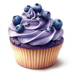 Wall Mural - Delicious blueberry cupcake topped with creamy purple frosting and fresh blueberries, perfect for dessert lovers and celebrations, white background