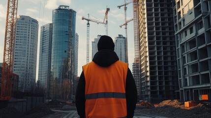 Construction Worker Looking at Skyscrapers