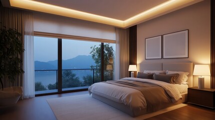 Wall Mural - A bedroom with a large bed, a nightstand, and a lamp. The room has a modern and elegant design, with a view of the ocean. The lighting is dim, creating a cozy and relaxing atmosphere