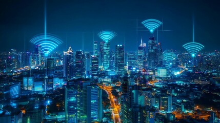 Wall Mural - Modern city with wireless network connection and urban landscape concept 