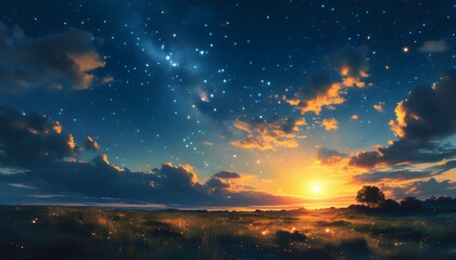 Enchanting twilight sky adorned with a prominent star, surrounded by a multitude of twinkling stars as the sun sets on the horizon