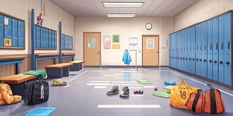 A school locker room with blue lockers, a door, and two benches. There are some belongings lying on the floor and a blue towel hanging on the wall.