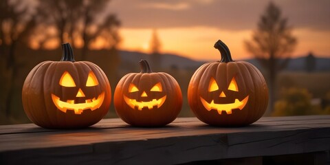 two carved pumpkins with glowing faces on a wooden surface, with a blurred sunset landscape in the b