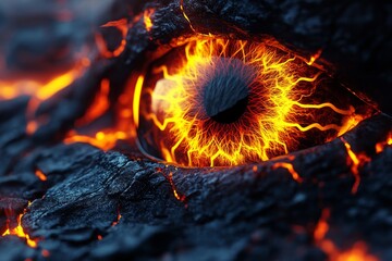 Poster - Glowing volcanic eye set against a dark background symbolizing energy intensity and the explosive connection between vision fire and nature’s powerful elements