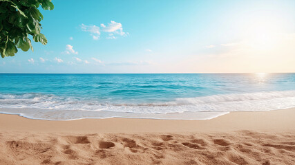 A serene beach scene with soft waves lapping at shore, evoking tranquility