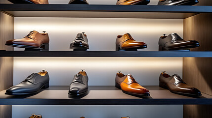 Sticker - A display of luxury men dress shoes on a sleek shelf, each pair polished to perfection