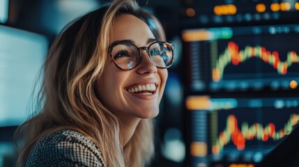 Young woman smiles while analyzing financial charts in modern office