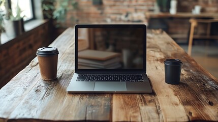 Wall Mural - a laptop computer sitting on top of a wooden table