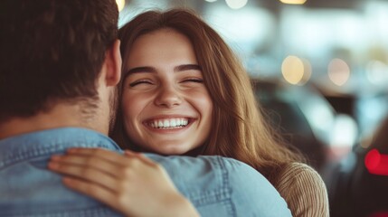 Wall Mural - Young couple shares a joyful embrace in a warmly lit setting