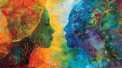 a painting of two women facing each other with a colorful background and swirls