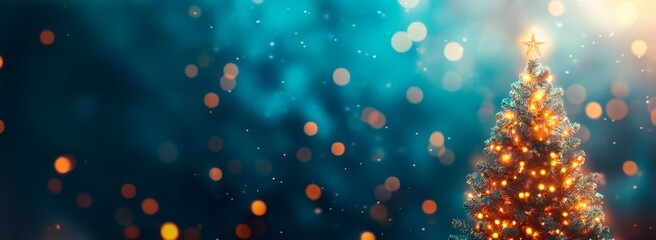 Wall Mural - dark background with a golden christmas tree, a bokeh effect, and glowing lights. festive banner tem