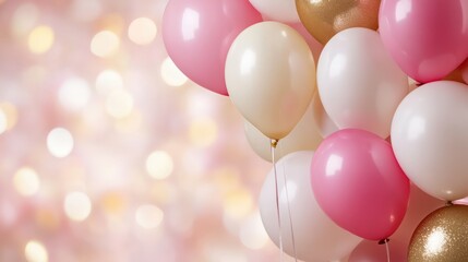 A bunch of pink and white balloons are floating in the air. The balloons are arranged in a way that creates a sense of celebration and joy