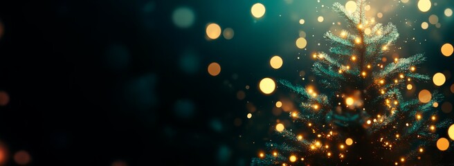 Wall Mural - dark background with a golden christmas tree, a bokeh effect, and glowing lights. festive banner tem