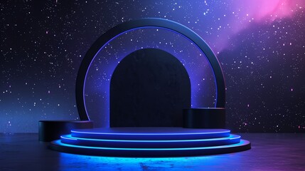 Canvas Print - a stage with a blue light and a black backdrop with stars in the sky