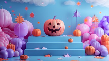 a pumpkin sitting on a step surrounded by balloons