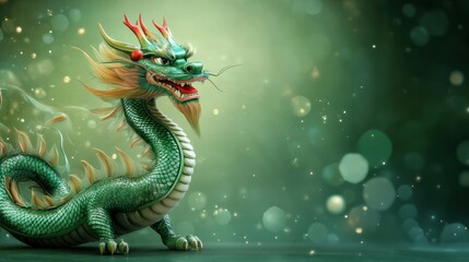 Chinese green wood dragon symbol of happy new year 2024 on green background with space for text