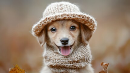 Wall Mural - a dog wearing a knitted hat and scarf with a scarf