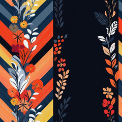 Wall Mural - Boho risograph chevron pattern with black, red and orange colors of flowers. Seamless background