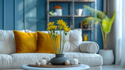 a living room with a white couch