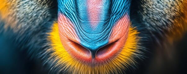 Vivid close-up of a mandrill's colorful snout with striking blue, yellow, and red hues showcasing nature's vibrant beauty