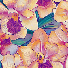 Wall Mural - Beautiful orchid line art hand drawn pattern with bright tropical colors