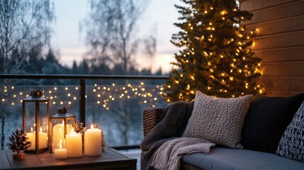 Wall Mural - A cozy outdoor living space with a Christmas tree and candles. The candles are lit and the tree is decorated with lights. Scene is warm and inviting, perfect for spending time with family