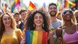 © AnaV - Diverse group celebrating LGBT History Month with rainbow flags at a vibrant pride parade in the city