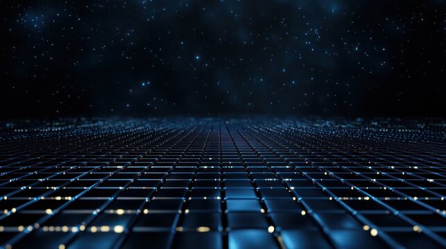 A dark blue background with a large number of small squares of light blue. The squares are arranged in a grid pattern