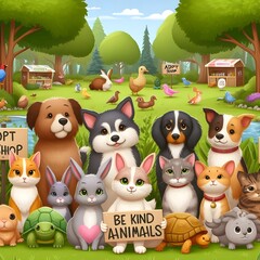 Colorful Cartoon Animals in Nature Scene Illustration