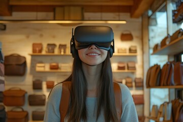 Wall Mural - woman wearing a small modern VR headset, natural light 