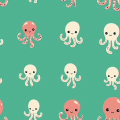 Green flat design cute seamless pattern with octopus