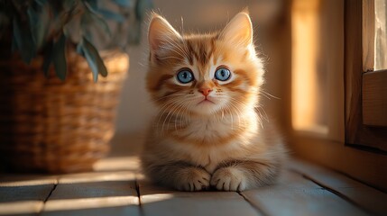 A cute ginger kitten with blue eyes sits on a wooden floor bathed in sunlight.