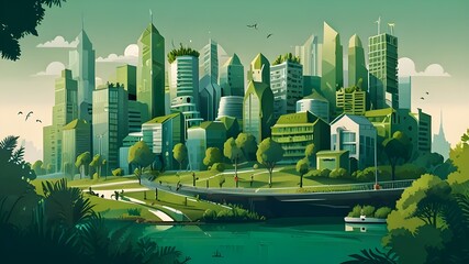 Poster - Eco-friendly futuristic city with innovative architecture and green spaces, blending nature and urban living for sustainable development, ideal for environmental and futuristic urban design themes.