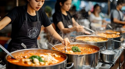 Vendors preparing vegan Thai soups at the Thailand Vegetable Festival with the à¹€à¸ˆ logo prominently displayed