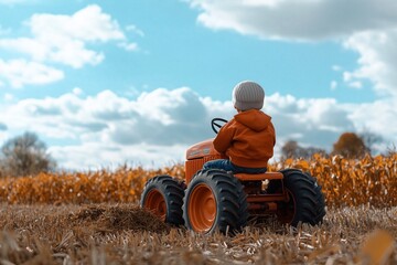 Cute little boy farmer in a toy tractor in the corn field, playing helping in corn harvest in the autumn, sitting back to the camera