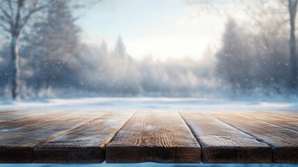 Wall Mural - Empty Wooden table in front of winter landscape blurred background with empty space