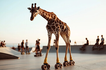 Wall Mural - A giraffe wearing roller skates stands in a skate park with people skateboarding in the background during sunset.