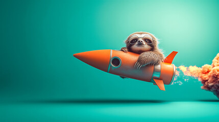 Wall Mural - Cute sloth riding rocket studio shot , Fantasy funny animal concept ..