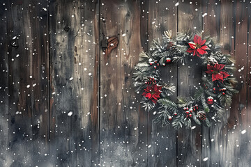 Wall Mural - A wreath of red poinsettias is hanging on a wooden wall