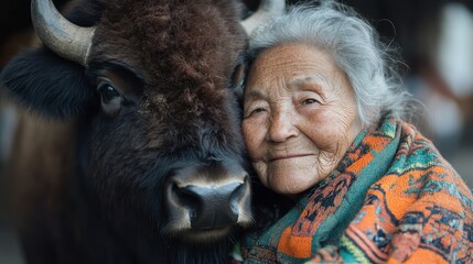 An elderly woman wrapped in a vibrant blanket shares a warm embrace with a yak, showcasing a moment of tender affection and connection in a serene setting.