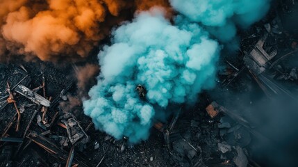 An overhead perspective of a battlefield scene with billowing smoke and active fires showcases the destruction and high stakes environment where the conflict is taking place.