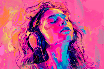 Poster - A woman is wearing headphones and appears to be listening to music