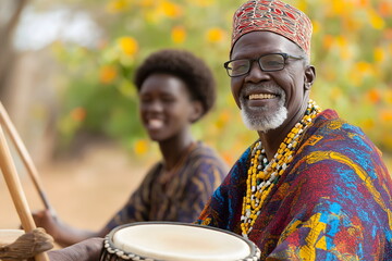 Smiling elder and young musician with traditional drums in colorful attire celebrating cultural heritage and music