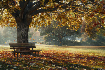 Canvas Print - A bench is sitting under a tree in a park