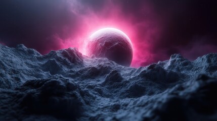 a stunning pink-hued planet ascends over icy, jagged lunar mountains, creating an otherworldly and m
