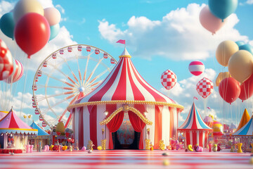 the tent of a traveling circus with toys and balls around stands in the center. ferris wheel in the 