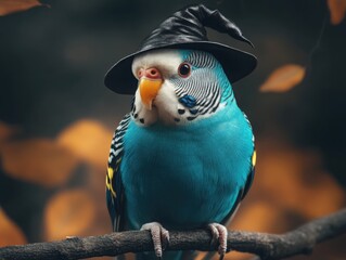 Wall Mural - Parakeet wearing a tiny witch's hat on a branch surrounded by spooky fog, [witch parakeet], [Halloween bird]